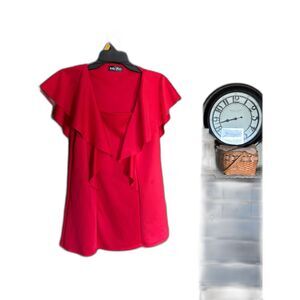 Bella Flore Red Flowing Short Sleeve Tunic Blouse Top Women's Medium Casual Chic